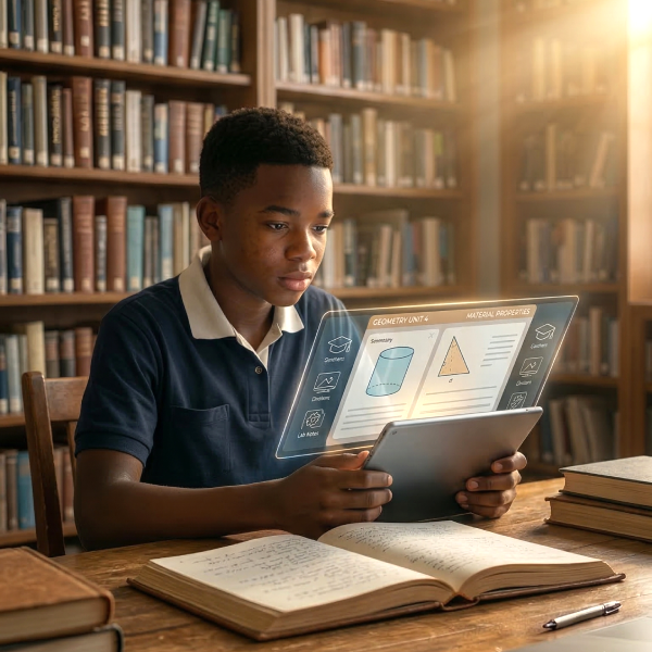 student on a tablet at the library